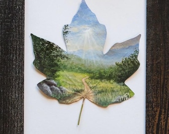 Real Painted Leaf, Hand-Painted Acrylic on Preserved Maple Leaf, Framed Landscape "Lighting the Path," Unique Wall Decor, Nature Lover Gift