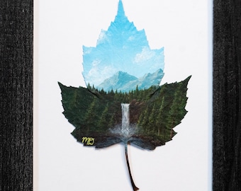 Real Painted Leaf, Hand-Painted Acrylic on Preserved Maple Leaf, Framed Landscape "Finding the Falls," Unique Wall Decor, Nature Lover Gift