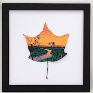 Nature-Inspired Acrylic Painting, Original Art, Framed “Leading Stream” on Preserved Maple Leaf, Unique Gift, Home Decor