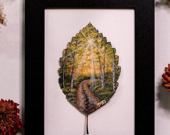 Real Painted Leaf, Hand-Painted Acrylic on Preserved Birch Leaf, Framed Landscape “Bathed in Gold,&quot; Unique Wall Decor, Nature Lover Gift