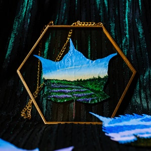 Nature-Inspired Acrylic Painting, Original Artwork, Framed “Over The Fields” on Preserved Maple Leaf, Unique Gift