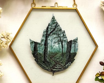 Real Painted Leaf, Hand-Painted Acrylic on Preserved Maple Leaf, Framed Landscape “Into the Fog,&quot; Unique Wall Decor, Nature Lover Gift