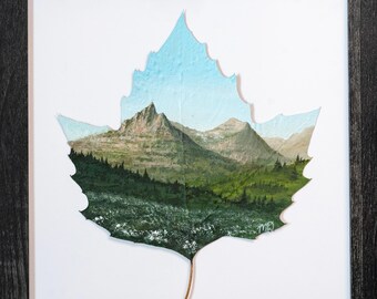 Real Leaf Acrylic Painting, Original Nature-Inspired Framed “Glacier’s Views” Painting on Preserved Sycamore Leaf, Home Decor, Fully Sealed!