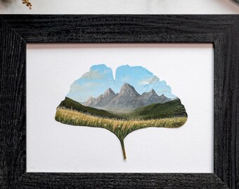Real Painted Leaf, Hand-Painted Acrylic on Preserved Ginkgo Leaf, Framed Landscape “Resting With a View" Unique Mountain Wall Decor