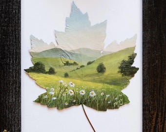 Echt geschilderd blad, handgeschilderd acryl op geconserveerd esdoornblad, ingelijst landschap "Fields of Daisies", uniek wanddecor, cadeau natuurliefhebber