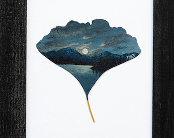 Nature-Inspired Acrylic Painting, Original Artwork, Framed “The Moon’s Arrival” Painting on Preserved Ginkgo Leaf, Unique Gift, Home Decor