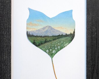 Nature-Inspired Acrylic Painting, Original Art, Framed “Mountains for Lovers” on Preserved Tulip Tree Leaf, Unique Gift, Heart Shaped Decor