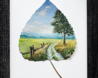 Real Painted Leaf, Hand-Painted Acrylic on Preserved Cottonwood Leaf, Framed Landscape “Summer’s Adventure," Unique Wall Decor