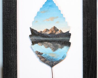 Nature-Inspired Acrylic Painting, Original Artwork, Framed “Mountain Reflections” Painting on Preserved Beech Leaf, Unique Gift, Home Decor