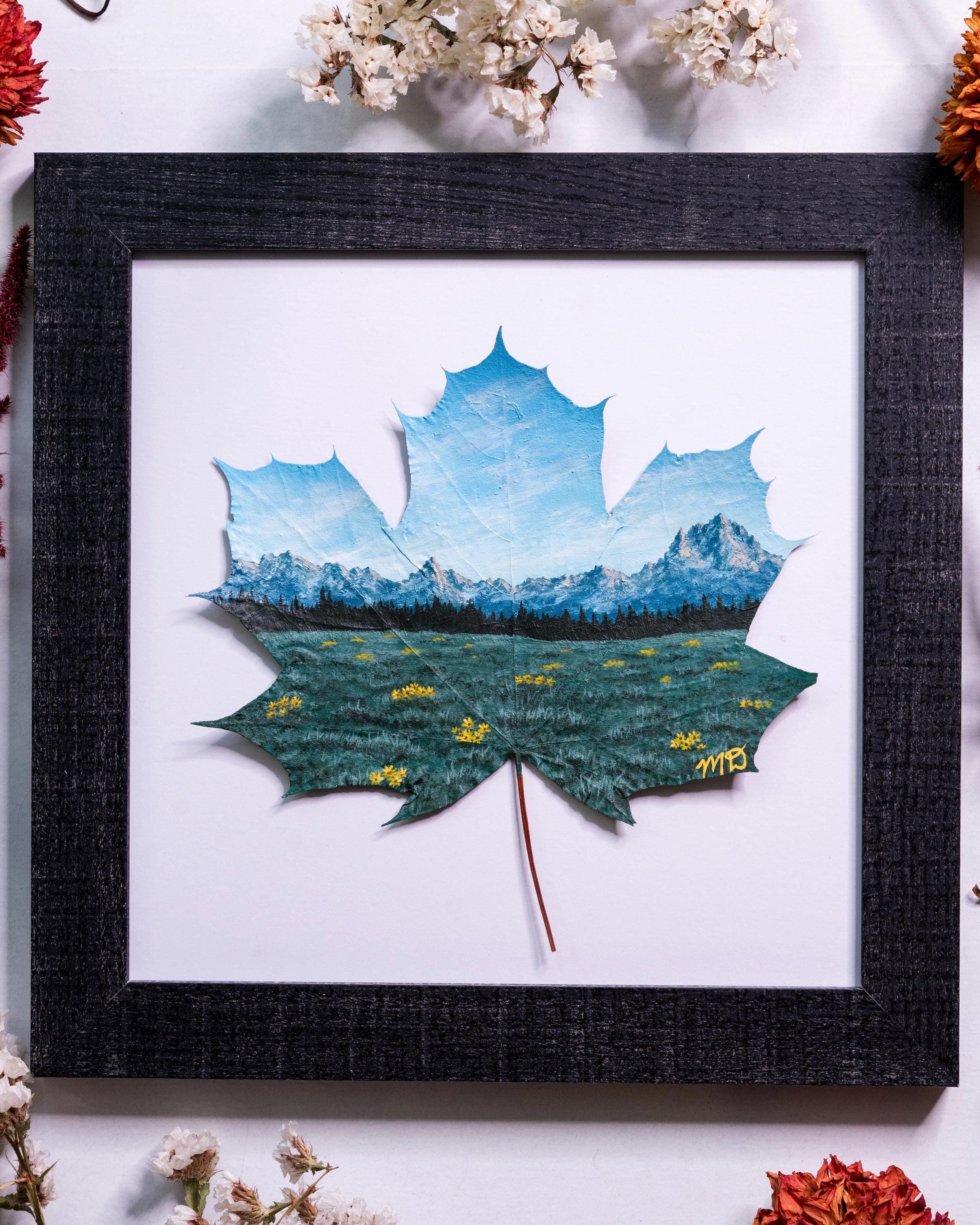 Nature-Inspired Acrylic Painting, Original Art, Framed “Wildflower Mountain” on Preserved Maple Leaf, Unique Gift, Home Decor
