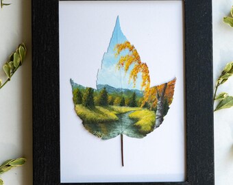Real Painted Leaf, Hand-Painted Acrylic on Preserved Maple Leaf, Framed Landscape "Changing Trees," Unique Wall Decor, Nature Lover Gift