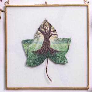 Nature-Inspired Acrylic Painting, Original Art, Framed “Beacon of the Grove” on Preserved Ivy Leaf, Unique Gift, Home Decor