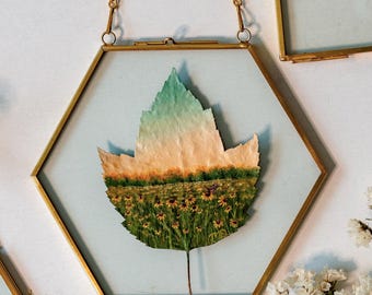 Real Painted Leaf, Hand-Painted Acrylic on Preserved Maple Leaf, Framed Landscape &quot;Monarch’s Rest,&quot; Unique Wall Decor, Nature Lover Gift