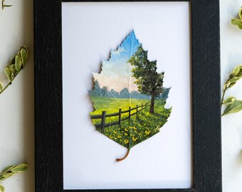 Nature-Inspired Acrylic Painting, Original Artwork, Framed “Fading Day” Painting on Preserved Birch Leaf, Unique Gift, Home Decor