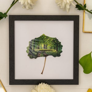 Nature-Inspired Acrylic Painting, Original Art, Framed “Sunkissed Stroll” on Preserved Cottonwood Leaf, Unique Gift, Home Decor