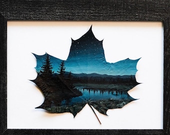 Real Painted Leaf, Hand-Painted Acrylic on Preserved Maple Leaf, Framed Landscape “As Night Falls," Unique Wall Decor, Nature Lover Gift