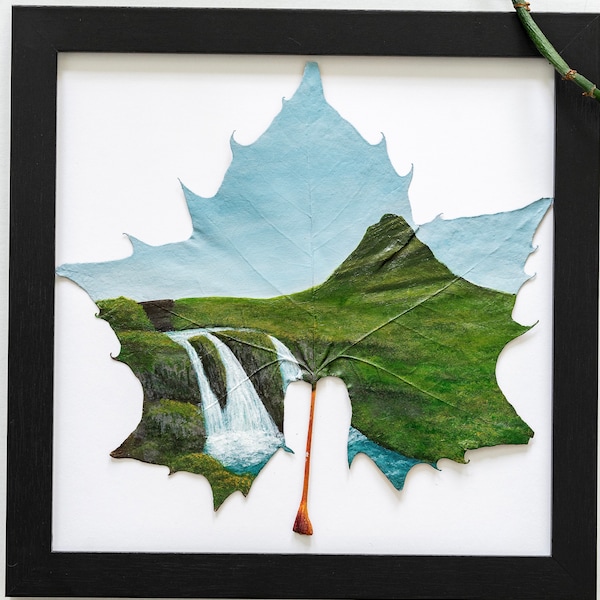 Real Leaf Acrylic Painting, Original Nature-Inspired Framed “Kirkjufellsfoss” Painting on Preserved Sycamore Leaf, Home Decor, Fully Sealed!