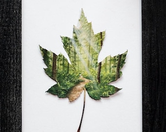 Real Painted Leaf, Hand-Painted Acrylic on Preserved Maple Leaf, Framed Landscape "A Summer Trail," Unique Wall Decor, Nature Lover Gift
