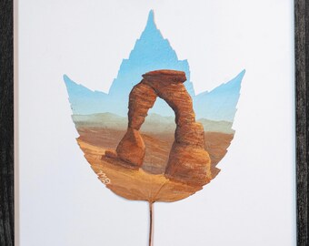 Nature-Inspired Acrylic Painting, Original Art, Framed “The Arch” on Preserved Maple Leaf, Unique Gift, Home Decor