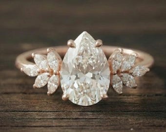 Pear Moissanite Engagement Ring, Floral Lab Diamond Ring, Rose Gold Leaf Ring, 2 Carat Pear Cut Ring, Nature Inspired Bridal Ring
