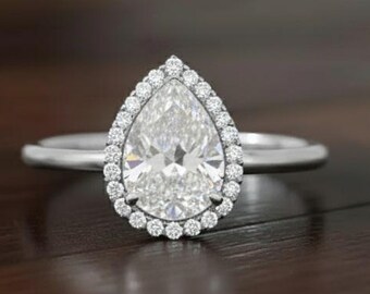 Pear Moissanite Dainty Halo Diamond Engagement Ring Sterling Silver Promise Wedding Ring