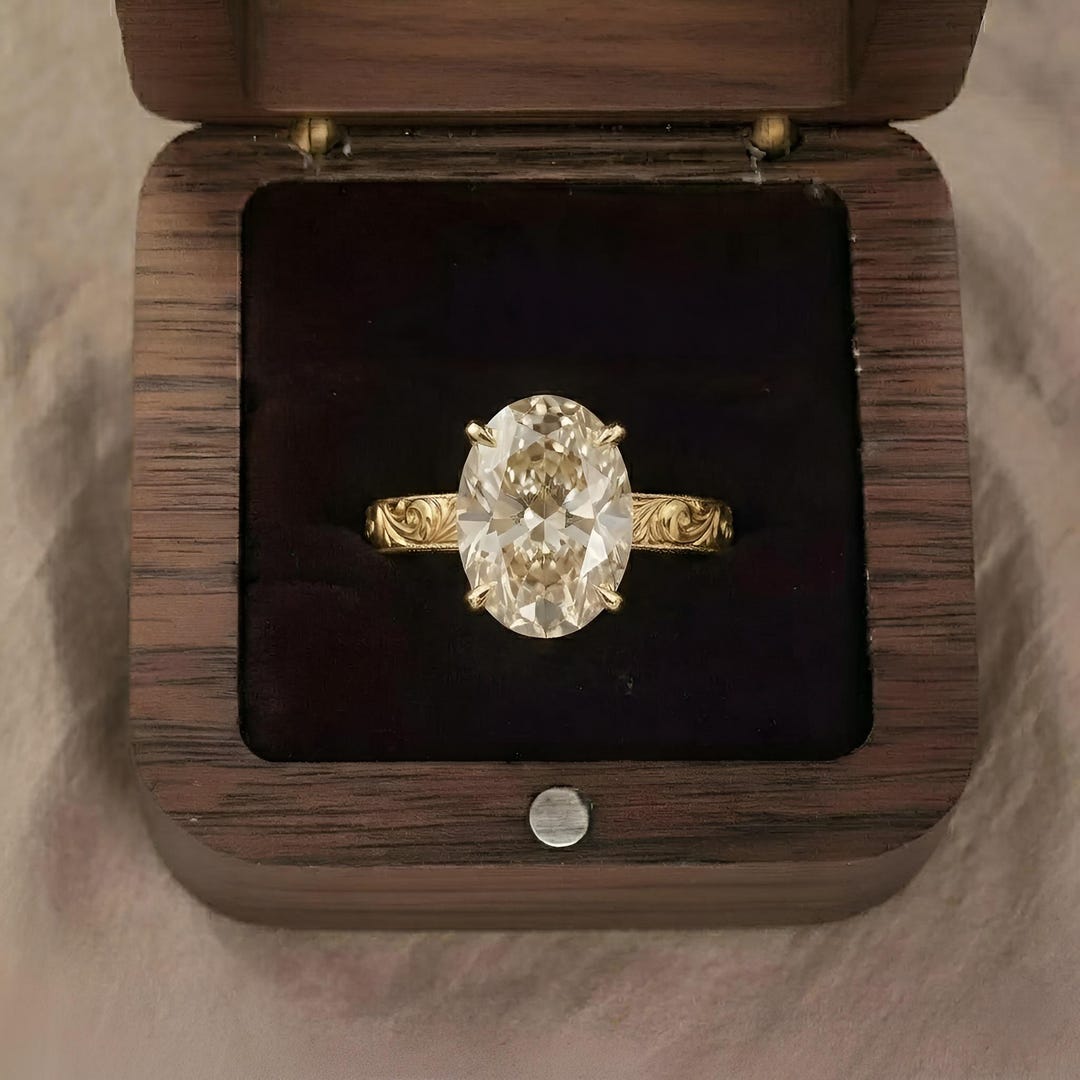 3CT Solid Gold Vintage Oval Moissanite Engagement Ring • Bezel Set Gold ...