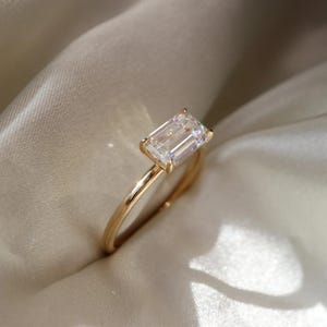 Dainty Baguette Diamond Ring, Yellow Gold Ring, Solitaire Moissanite Ring, Minimalist Eternity Ring, Perfect Stacking Rings, Gift for Her