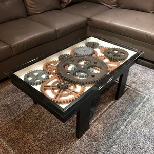 Steampunk coffee table with working gears, moving gears coffee table industrial