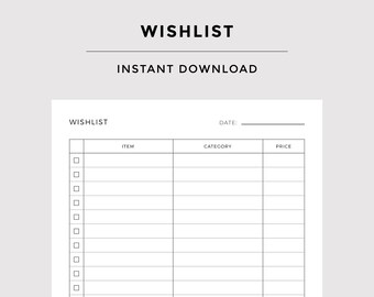Plantilla de lista de deseos mínima / Rastreador de lista de deseos de vacaciones navideñas / Lista de compras / Rellenable e imprimible / Carta, A4, A5, Media letra