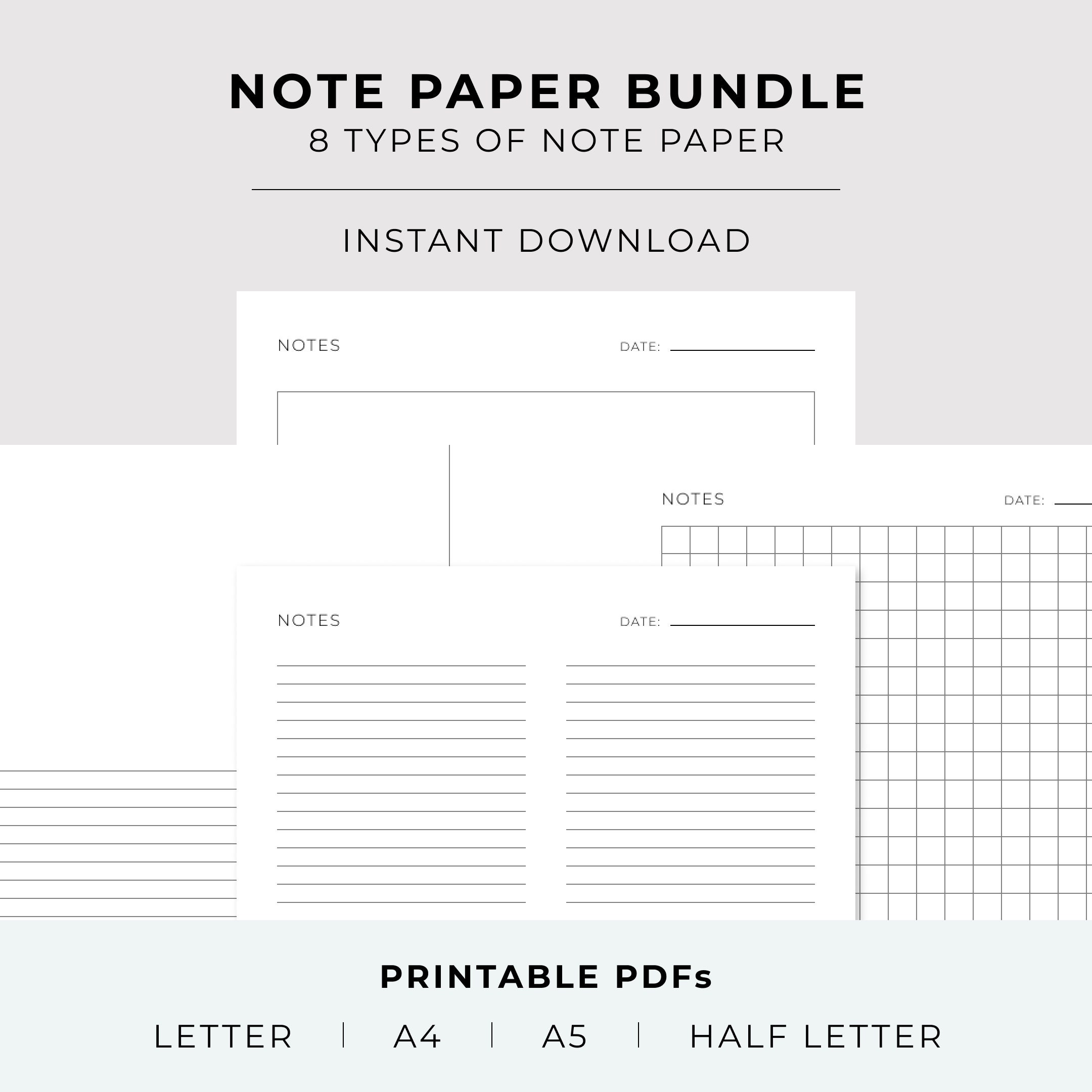 Note Paper Bundle | Printable PDF | 8 Types of Minimal Note Paper ...