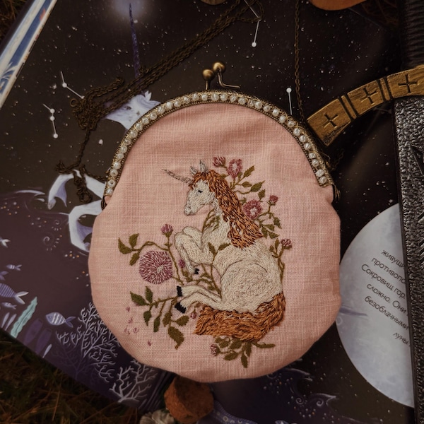 Enchanted Unicorn Purse,Hand Embroidered Linen Bag,Inspired by Renaissance Fairy Tales,One of a Kind Handmade Art,Gift for her,Cottagecore