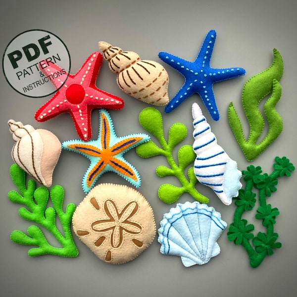 Étoiles de mer, coquillages, algues, patron de couture PDF. Motif facile de décoration océan en feutre. Décor côtier. Décor marin. Sous la mer. Jouets en feutre.