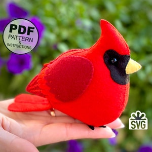 Filz Weihnachtsvogel Nähen Muster PDF und SVG. Vogel Muster. Kardinalvogel (Nordkardinal) Muster und Schritt für Schritt Anleitung. Filz Spielzeug