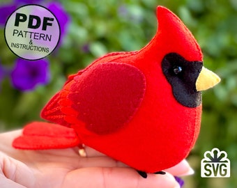 Felt Christmas Bird Sewing Pattern PDF and SVG. Bird Pattern. Cardinal Bird (Northern Cardinal) Pattern and step by step Tutorial. Felt Toys