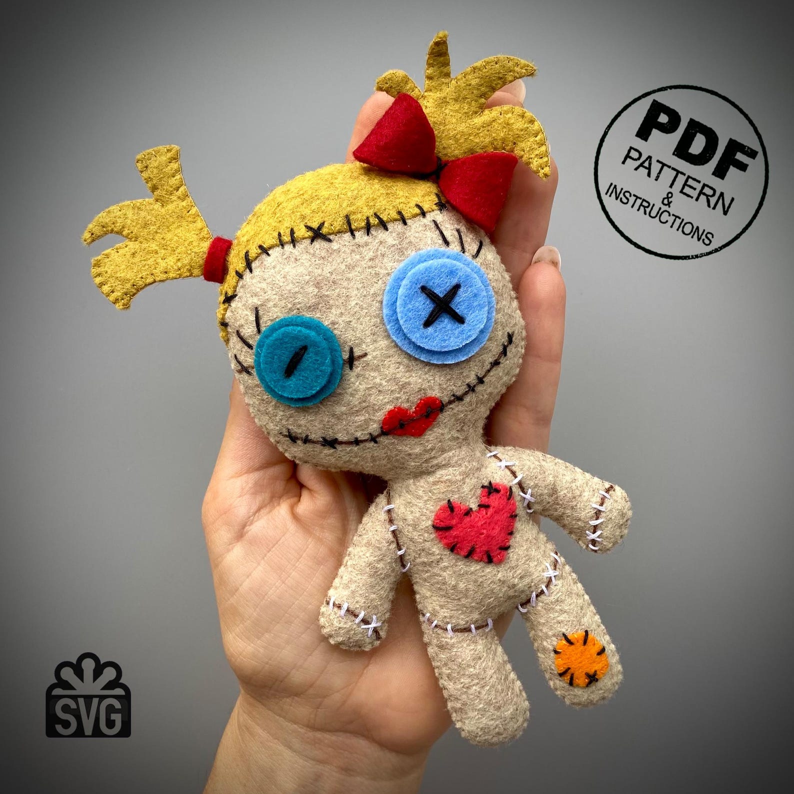Felt Voodoo Doll Sewing Pattern PDF and SVG. Halloween Ornament. Voodoo