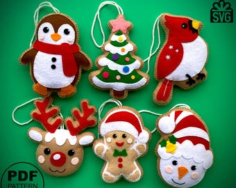 Puede incluir: Conjunto de seis adornos navideños de fieltro, que incluyen un pingüino, un árbol de Navidad, un cardenal, un reno, un hombre de jengibre y un muñeco de nieve. Cada adorno tiene un lazo para colgar.