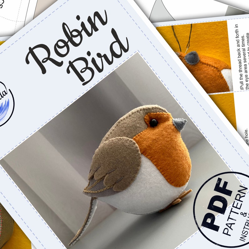 K&ouml;nnte beinhalten: Ein N&auml;hmuster f&uuml;r einen Rotkehlchen aus Filz mit Anleitung. Das Muster enth&auml;lt eine Nahaufnahme des fertigen Produkts, ein braunes und orangefarbenes Rotkehlchen mit wei&szlig;em Bauch.