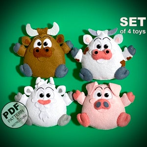 Farm Animals Sewing Pattern PDF (Cow, Bull, Pig, Goat). Felt Toys Easy Pattern and Tutorial. Farm Animals DIY. Plush Toys. Felt Ornament.