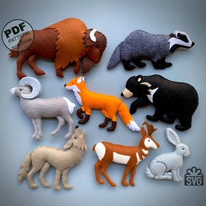 Mönster för sömnad av filtdjur och SVG. Mönster för uppstoppade djur. (Räv, Björn, Buffel, Grävling, Varg, Kanin, Tjockhornsfår, Gaffelantilopen)