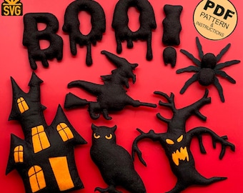 Felt Halloween Ornament Sewing Pattern: Spider, Owl, Witch (PDF Pattern)