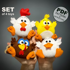 Farm Animals Sewing Pattern PDF. Felt Toys Easy Pattern and Step By Step Tutorial. Plush Farm Animals DIY. Turkey, Chicken, Rooster, Duck.