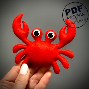 カニのパターン PDF。フェルトの裁縫パターン。海の装飾品。海の動物のパターン。沿岸のおもちゃのパターン。海洋動物。簡単な裁縫パターン。
