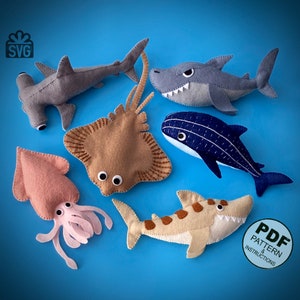 Felt Ocean Animals Sewing Pattern PDF and SVG. Hummerhead Shark Pattern. Whale Shark. Squid Pattern. Stingray Pattern. Stuffed Animal.