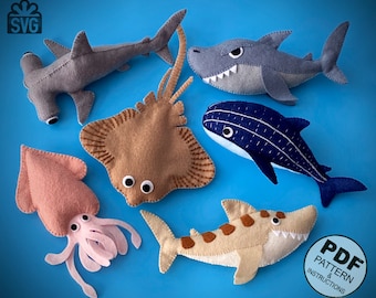 Molde de costura de animais marinhos em feltro em PDF e SVG. Molde de tubarão-beija-flor. Tubarão-baleia. Molde de lula. Molde de arraia. Bicho de pelúcia.