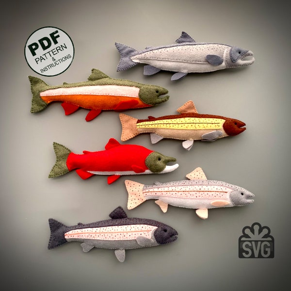 Fluss Fisch SET Schnittmuster, PDF und SVG. Angeln Muster. Lachs, Forelle, Bachforelle, Kokanee, Saibling, Regenbogenforelle. Filzfisch.