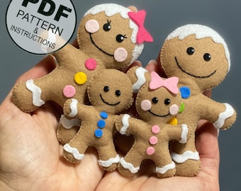 May include: A set of four felt gingerbread people, including a mom, dad, and two children. The gingerbread people are brown with white icing and colorful candy decorations. The PDF pattern and instructions are included.