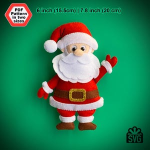 May include: A felt Santa Claus ornament in red, white, and brown. The ornament is 6 inches (15.5 cm) tall or 7.8 inches (20 cm) tall. The ornament has a white beard and a gold belt.
