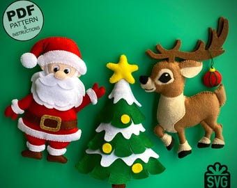 Felt Christmas Ornaments Sewing Pattern PDF and SVG. Santa Claus Pattern. Christmas Tree. Ornament DIY. Christmas Deer.