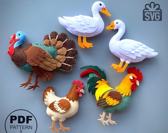 Felt Farm Birds Sewing Pattern. PDF and SVG. 5 in 1 (Rooster, Chicken, Duck, Goose, Turkey). DIY. Stuffed Felt Toys.