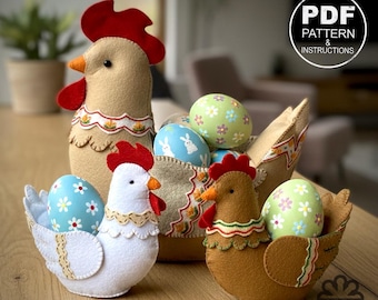 Easter Chicken Egg Holder PDF Pattern. Felt Hen Basket Sewing Tutorial. Farmhouse Decor. SVG Included.